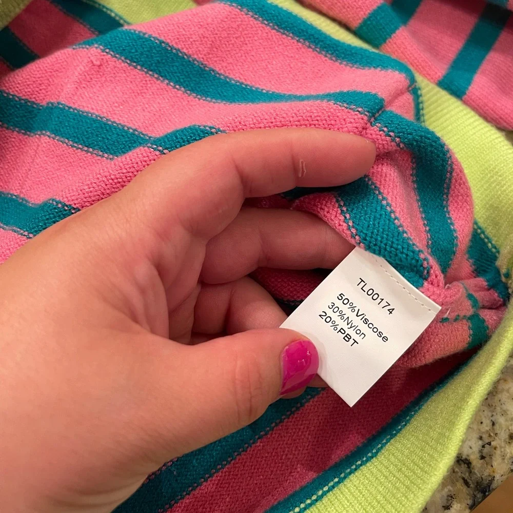Striped Pink & Teal Crewneck Cardigan with Lime Trim - Picture 4 of 6
